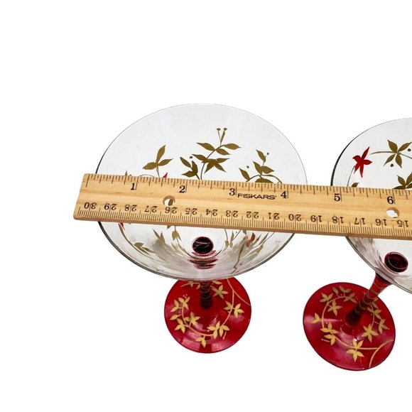 Vintage Pier One Imports Red Stem & Base Gold Leaf Martini Glasses‎ Hand Blown - Picture 2 of 7